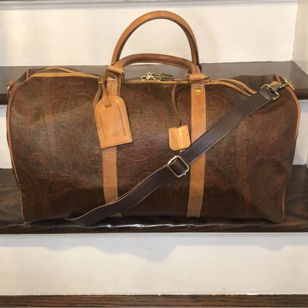ETRO MILANO Paisley Coated Canvas Vachetta Leather Boston Shoulder Weekend Bag